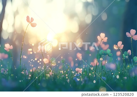 dreamy sunset over a field of clovers. soft pastel colors and bokeh create a magical dreamy sunset over a field of clovers. soft pastel colors and bokeh create a magical 123520820