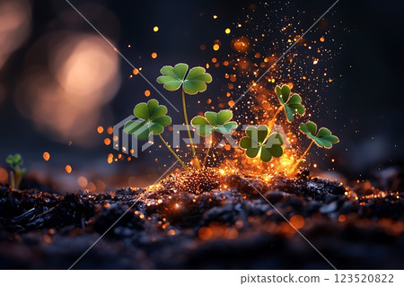 mystical image of clovers emerging from fiery embers. perfect for st. patrick's day mystical image of clovers emerging from fiery embers. perfect for st. patrick's day 123520822