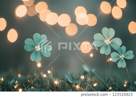 enchanting image of clovers illuminated by warm bokeh lights.  enchanting image of clovers illuminated by warm bokeh lights.  123520823