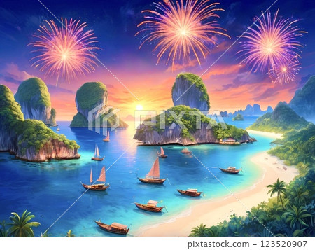 熱帶島嶼上的日落和煙火-3 123520907