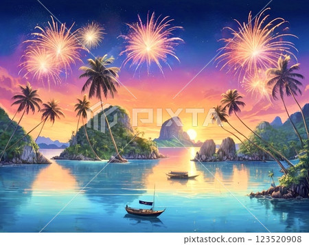 熱帶島嶼上的日落和煙火 -4 123520908