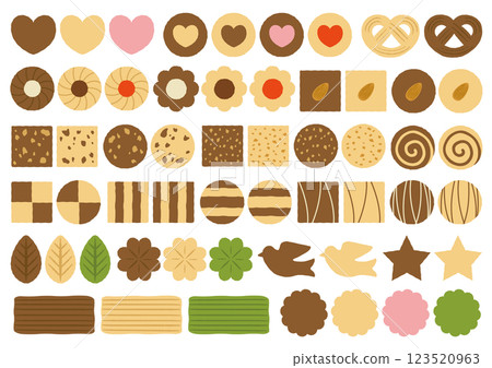 A set of illustrations of cookies such as hearts and riff-a-fong seen from above 123520963