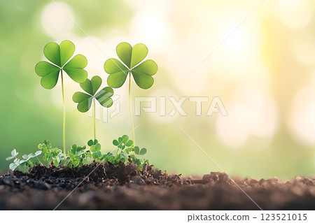 three vibrant green clovers sprout from rich soil, bathed in warm sunlight. three vibrant green clovers sprout from rich soil, bathed in warm sunlight. 123521015
