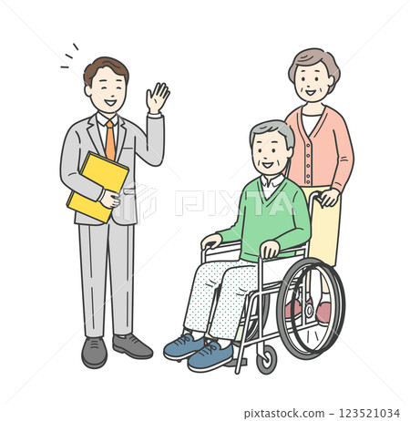 Illustration of an elderly man and woman in wheelchairs receiving an explanation from a man in a suit Illustration of an elderly man and woman in wheelchairs receiving an explanation from a man in a suit 123521034