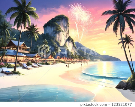 Sunset on a remote island beach resort and fireworks-3 123521077