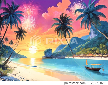 偏遠島嶼海灘度假村的日落和煙火-4 123521078