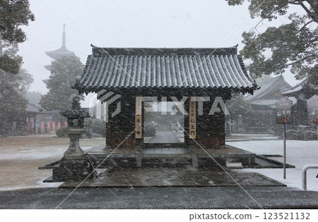 View of the main hall and five-story pagoda from the Niomon Gate at the 70th temple of the Shikoku Pilgrimage, Motoyama-ji, covered in snow 123521132