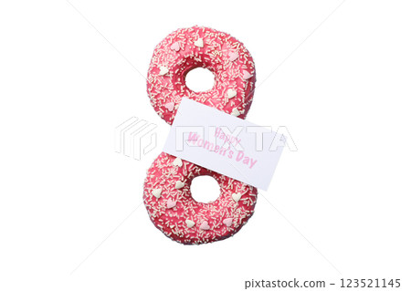 8 March, International Women's Day, figure eight of donuts and greeting card, top view, isolated on white background, PNG 8 March, International Women's Day, figure eight of donuts and greeting card, top view, isolated on white background, PNG 123521145