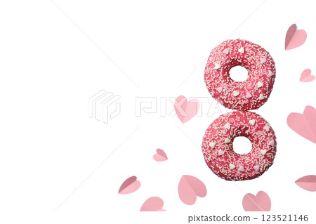 8 March, International Women's Day, figure eight of donuts and paper hearts, space for text, isolated on white background, PNG 8 March, International Women's Day, figure eight of donuts and paper hearts, space for text, isolated on white background, PNG 123521146