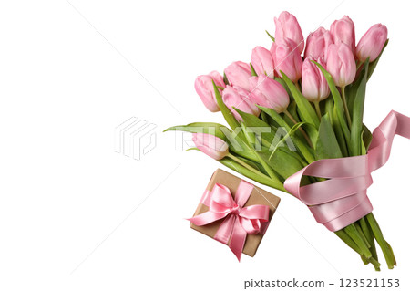 8 March, International Women's Day, bouquet of pink tulips and box with a gift, space for text, isolated on white background, PNG 123521153