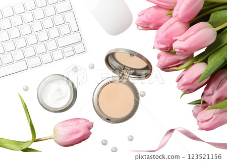 8 March, International Women's Day, bouquet of pink tulips, cosmetics and laptop, top view, isolated on white background, PNG 8 March, International Women's Day, bouquet of pink tulips, cosmetics and laptop, top view, isolated on white background, PNG 123521156