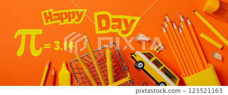 Pi day, school desk, top view, for Pi day holiday. 123521163