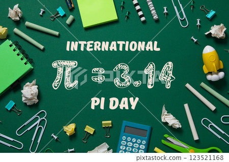 Pi day, school blackboard on green background, side view. 123521168