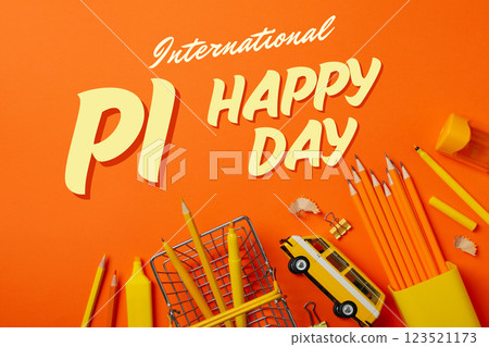 Pi day, school desk, top view, for Pi day holiday. Pi day, school desk, top view, for Pi day holiday. 123521173