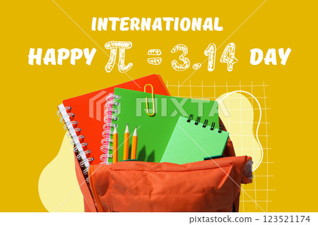 Pi day, school bag on green background, side view. Pi day, school bag on green background, side view. 123521174