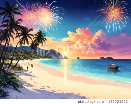 熱帶島嶼上的日落和煙火 - 23 123521252