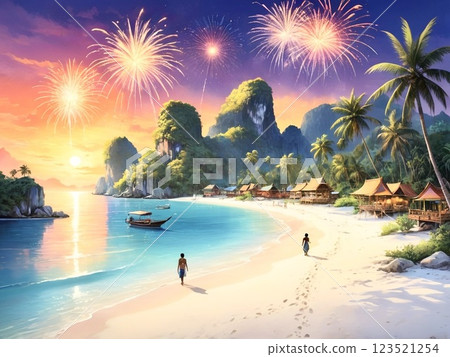偏遠島嶼海灘度假村的日落和煙火-8 123521254