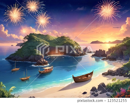 熱帶島嶼上的日落和煙火 - 21 123521255