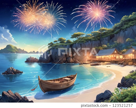 熱帶海灘和煙火 123521257