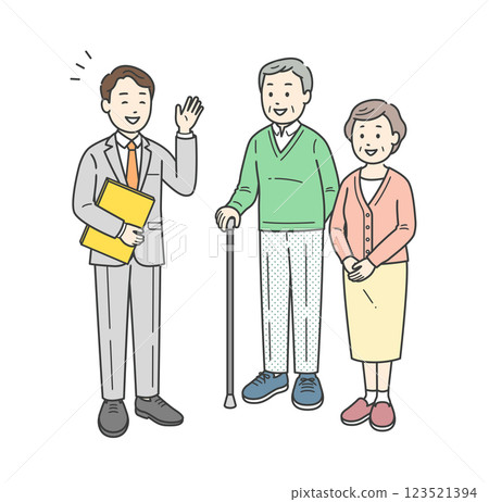 一對老年男女夫婦接受西裝男子解釋的插圖 123521394