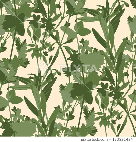 Seamless pattern with dry herbs and leaves on pastel background. Wild field and forest plants wallpaper. Boho botanical texture. 123521484