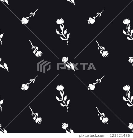 Seamless pattern with black and white hand drawn flowers 123521486