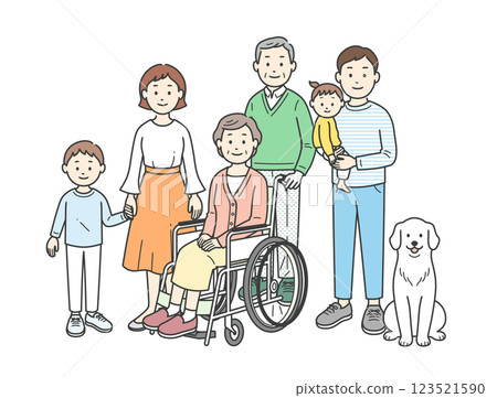 三代家庭與寵物的全身插畫 123521590