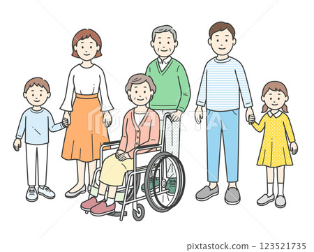 Full body illustration of three generations of family gathered together 123521735