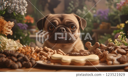 Cute Pug Surrounded by Delicious Dog Treats and Floral Setting Cute Pug Surrounded by Delicious Dog Treats and Floral Setting 123521929