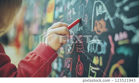 Child Drawing Colorful Sketches on Chalkboard with Bright Crayons Child Drawing Colorful Sketches on Chalkboard with Bright Crayons 123521943