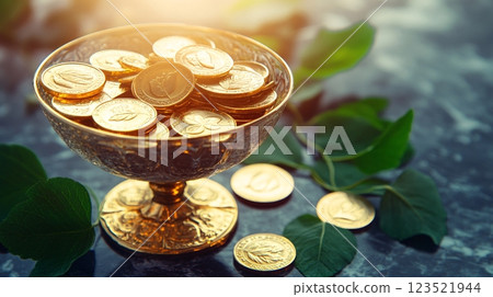 Shiny Gold Coins in Decorative Bowl with Green Leaves Surrounding 123521944