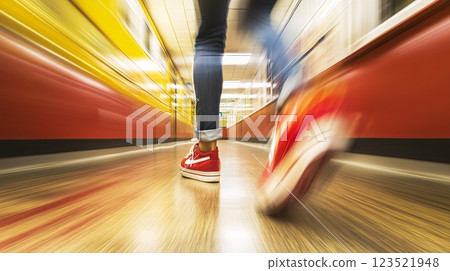 Dynamic Motion of a Person Walking in a Colorful Corridor 123521948
