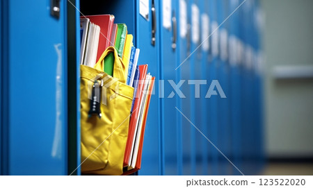 Bright Blue School Lockers with Yellow Bag and Colorful Books Bright Blue School Lockers with Yellow Bag and Colorful Books 123522020
