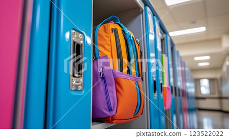 Colorful Backpack in Open Locker at School Hallway Colorful Backpack in Open Locker at School Hallway 123522022