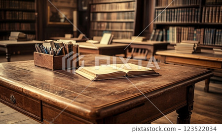 Vintage Library Study with Wooden Table and Books Shelves in Background Vintage Library Study with Wooden Table and Books Shelves in Background 123522034