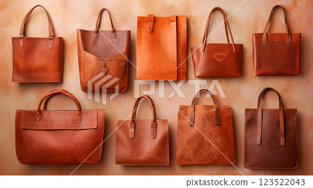 Variety of Stylish Leather Bags in Natural Tones on Display Variety of Stylish Leather Bags in Natural Tones on Display 123522043