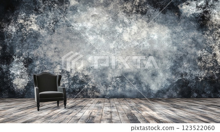 Elegant Black Armchair on Rustic Wooden Floor with Textured Wall Elegant Black Armchair on Rustic Wooden Floor with Textured Wall 123522060