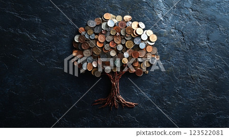 Coin Tree Created from Various Coins on Dark Stone Background Coin Tree Created from Various Coins on Dark Stone Background 123522081