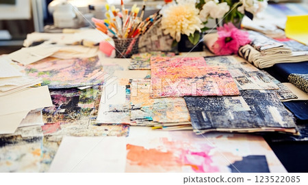 Creative Workspace with Colorful Art Materials and Floral Arrangements 123522085
