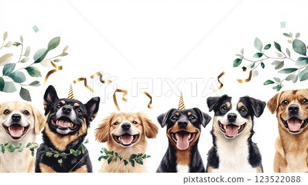 Happy Dogs at Birthday Celebration with Party Hats and Greenery 123522088
