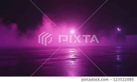 Ethereal Pink Fog on Empty Wet Street at Night with Street Lights 123522095