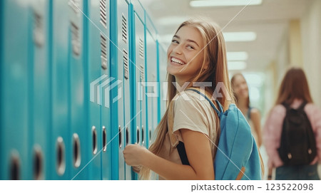 Happy Student Smiling by Blue School Lockers in Bright Hallway Happy Student Smiling by Blue School Lockers in Bright Hallway 123522098