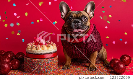 Happy French Bulldog Celebrating with Cake and Colorful Confetti 123522099