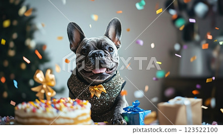 Adorable French Bulldog at Birthday Celebration with Cake and Gifts Adorable French Bulldog at Birthday Celebration with Cake and Gifts 123522100