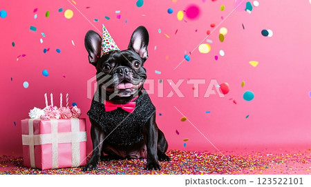 Adorable French Bulldog Celebrating Birthday with Colorful Confetti Adorable French Bulldog Celebrating Birthday with Colorful Confetti 123522101