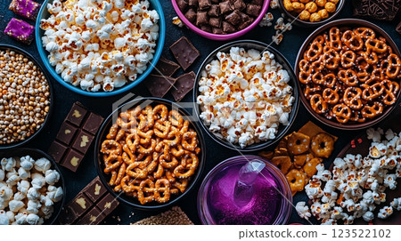 Assorted Snack Selection with Popcorn, Pretzels, and Chocolate Treats Assorted Snack Selection with Popcorn, Pretzels, and Chocolate Treats 123522102