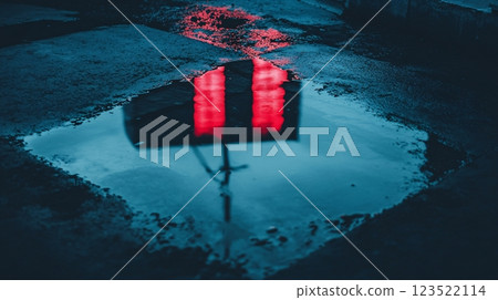 Reflection of Neon Lights on Wet Surface at Nighttime 123522114