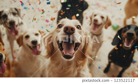 Cheerful Dogs Celebrating with Colorful Confetti in a Party Atmosphere Cheerful Dogs Celebrating with Colorful Confetti in a Party Atmosphere 123522117