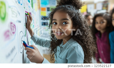 Young Girl Engaged in Creative Learning Activity in Classroom Setting Young Girl Engaged in Creative Learning Activity in Classroom Setting 123522127