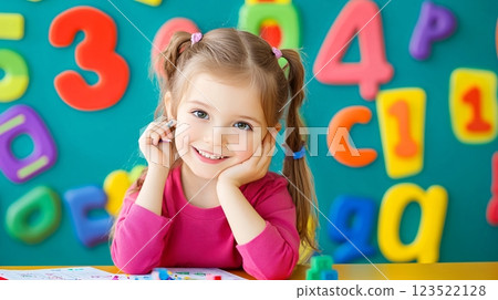 Happy Child in Classroom with Colorful Letters and Numbers Background 123522128